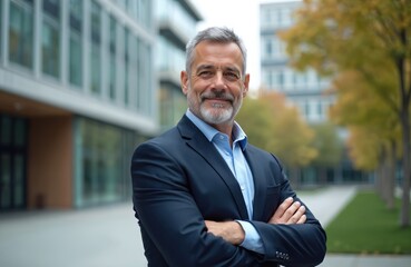 Fototapeta premium Mature businessman with gray hair smiles confidently with arms crossed outdoors. He wears a dark suit and light blue shirt. Modern office buildings are in background.