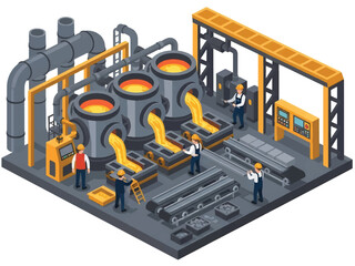Isometric vector 3D view of a steel factory with furnaces and molten metal, depicting heavy industry manufacturing processes