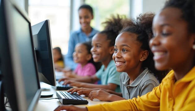Group of young African American girls smiles using computers in classroom. Teacher watches them learn together, fostering teamwork, digital skills for future success. Excitement for knowledge shared.