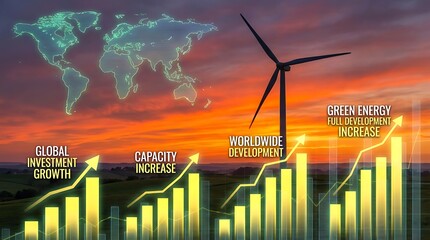 Stunning sunset highlights global growth trends for wind energy investment and rising green power capacity worldwide