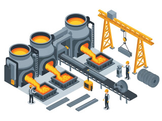 Isometric vector 3D view of a steel factory with furnaces and molten metal, depicting heavy industry manufacturing processes