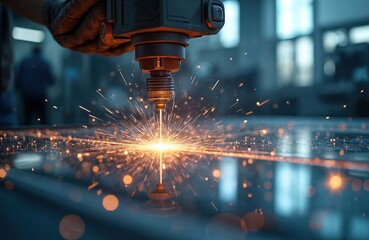 Metalworker uses laser cutter on steel sheet. Sparks fly as machine precisely shapes material. Industrial facility with automated manufacturing process, tech.