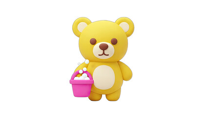 Yellow Teddy Bear Holding Pink Bucket with Bubbles