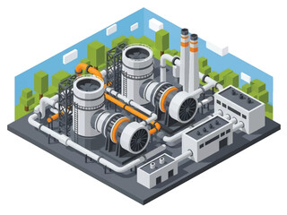 Isometric vector 3D view of an industrial power plant with turbines and control rooms, representing large-scale energy production