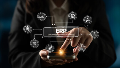 ERP platform visual showing centralized system for enterprise resource planning, improving integration, data flow, business efficiency, finance, inventory, and human resources. Spline