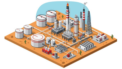 Isometric vector 3D view of an oil and gas refinery complex with pipelines and tanks, illustrating energy and petrochemical industry operations