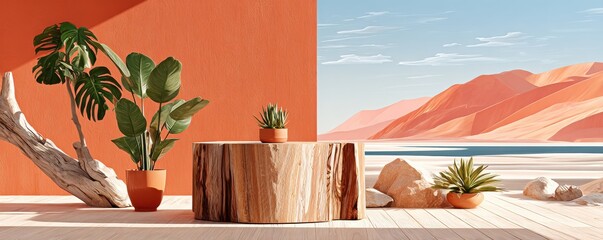 Decorative wooden stump with branch against orange wall and desert landscape backdrop