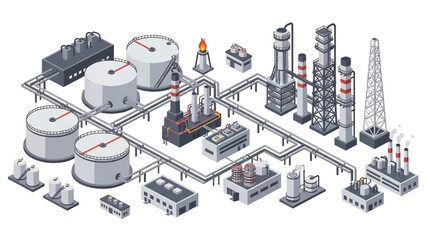 Isometric vector 3D view of an oil and gas refinery complex with pipelines and tanks, illustrating energy and petrochemical industry operations