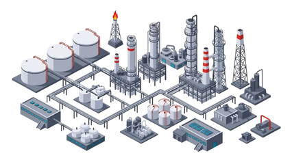 Isometric vector 3D view of an oil and gas refinery complex with pipelines and tanks, illustrating energy and petrochemical industry operations