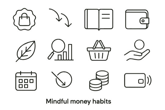 Notebook icon card mindful purchase wallet savings magnifier arrows spending habits money