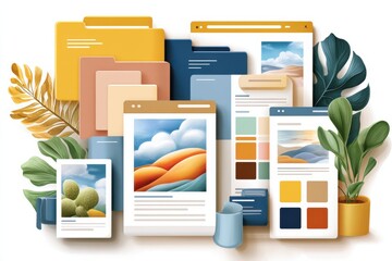 Illustration of organized file folders, documents, and color swatches in a digital workspace