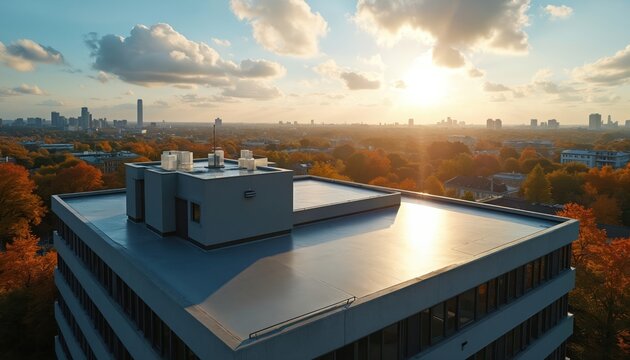 Modern office building rooftop with flat roof system overlooking city skyline. Autumn trees with orange foliage surround the urban area. Bright sun illuminates the scene from the sky.