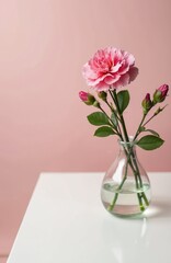 Fototapeta premium Pink carnation flower with buds in glass vase on white table. Soft pink pastel wall backdrop offers copy space. Minimalist natural decor element for feminine design.