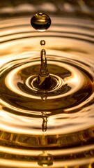 A golden liquid drop creates intricate ripples and splashes on a reflective surface, showcasing fluid dynamics.