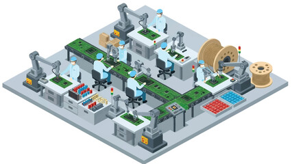 Obraz premium Isometric vector 3D view of an electronics manufacturing plant assembling circuit boards, representing high-tech industrial production
