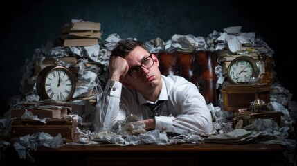 Obraz premium Overwhelmed with Workload: A man in a disheveled office desk, buried under a mountain of paperwork, embodies the pressures of modern-day stress and the struggle to cope.