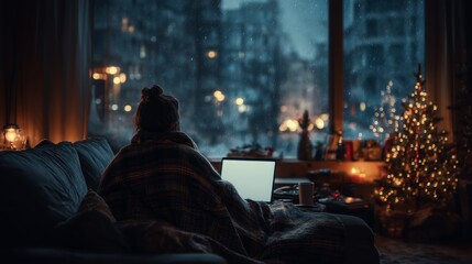 Melancholic yet cozy winter evening with freelancer on couch and illuminated tree, perfect illustration for holidays, loneliness and productivity topics.