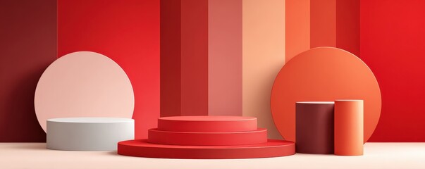 Bold red abstract podiums with geometric shapes create a vibrant modern display on a warm red background