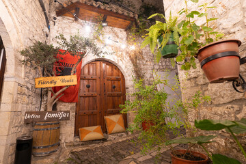 Albania Berat city old stone quarter stone house and street, Mangalem