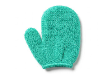 Exfoliating glove in vibrant turquoise color, showcasing soft texture and ergonomic design. Exfoliating glove offers gentle skin treatment for beauty routines and self-care practices.