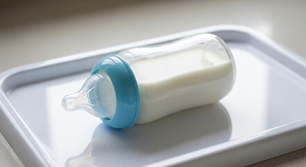Baby bottle on white tray with milk, blue cap and clear design, perfect for parenting needs and baby care essentials. Baby bottle is ideal for newborn feeding and nursery decor