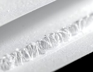 Detailed close-up of white fibrous material with many fine threads.