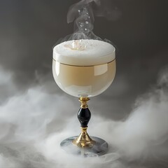 Exquisite layered coffee cocktail with foam, white flower and pearls on elegant golden stand. Cloud Dancer 2026 caf&eacute; luxury perfect for premium food, beverage and hospitality design projects.