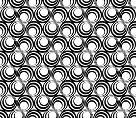 Nahtloses abstraktes Muster aus konzentrischen Kreisen in schwarz-weiß, ideal für Hintergründe, Textilien und modernes Grafikdesign. Seamless Background