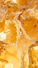 Close-up macro shot revealing intricate, translucent, and porous web-like structures with warm yellow and orange hues, illuminated from behind.