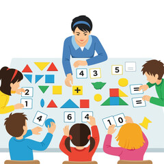 Teacher and children learning math with numbers and shapes at a table.