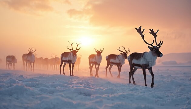 Herd of reindeer walking across snowy tundra during sunset. Animals with antlers move in cold landscape with soft orange sky. Wild nature scene in arctic region.