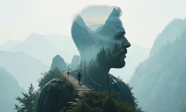 Man profile superposed on mountain landscape with suspension bridge. Represents inner journey, self discovery. People walk on path towards distant peaks. Nature inspires spiritual exploration,
