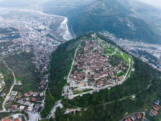 Albania Berat city and tomorrow mountain view from castle wall old Illyrian stronghold