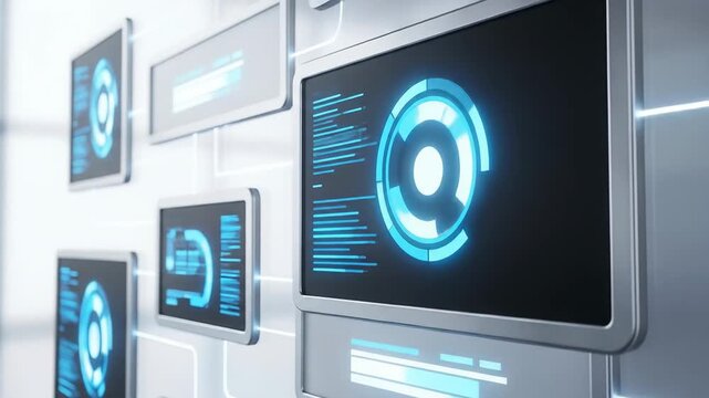 High-Tech Data Visualization, Digital Displays, Modern Office, Video Content, Dynamic Environment, Close-Up Angle, Futuristic Concept