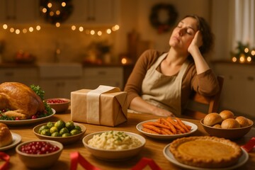 Exhausted woman after cooking festive holiday dinner in kitchen