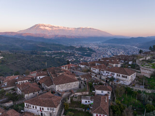 Albania Berat city and tomorrow mountain view from castle wall old Illyrian stronghold