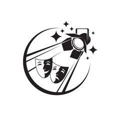 icon of comedy and tragedy theatrical masks with spotlight isolated on white background