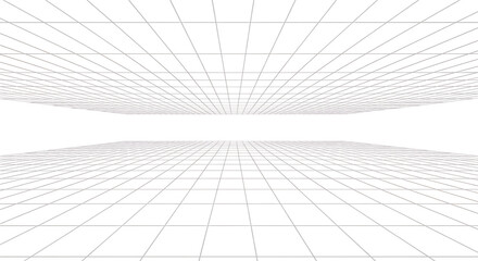 Abstract perspective grid lines receding into a distant vanishing point, representing depth and spatial dimension