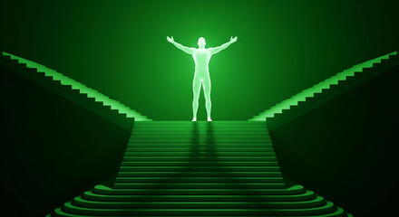 Radiant figure of triumph and visionary leadership stands atop illuminated stairs, symbolizing the journey towards success, empowerment, and future aspirations