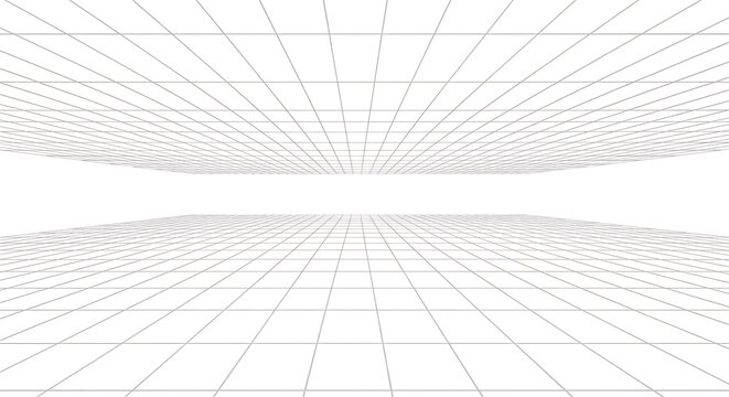 Abstract perspective grid lines receding into a distant vanishing point, representing depth and spatial dimension