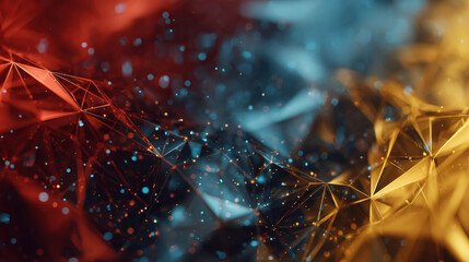 Colorful digital abstract background with patterns of lines, shapes, and particles in red, blue, and yellow hues