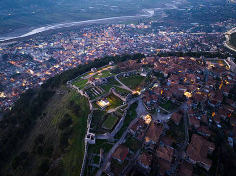 Albania Berat city and tomorrow mountain view from castle wall old Illyrian stronghold