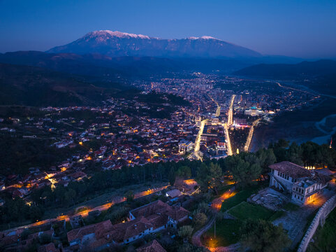Albania Berat city and tomorrow mountain view from castle wall old Illyrian stronghold
