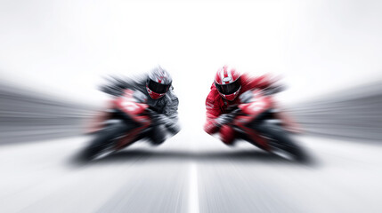 Obraz premium Two motorcyclists race against each other, leaning into the curve at high speed, creating a dynamic sense of motion and adrenaline.