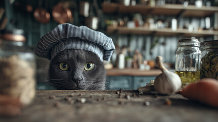 A curious gray cat in a chef's hat peeks over a wooden countertop surrounded by spices and ingredients, ready for a culinary adventure in a cozy kitchen.