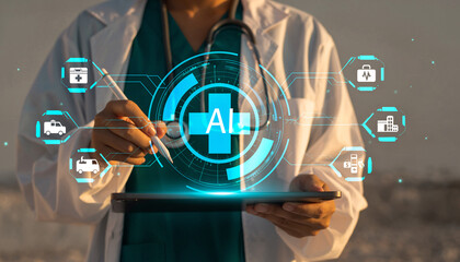 Innovative doctor using AI technology on tablet for enhanced healthcare solutions and data driven medical decisions in a modern hospital setting