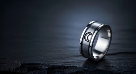 Elegant silver ring with a crescent moon engraving standing on a dark slate background for a mystical celestial jewelry concept and luxurious design
