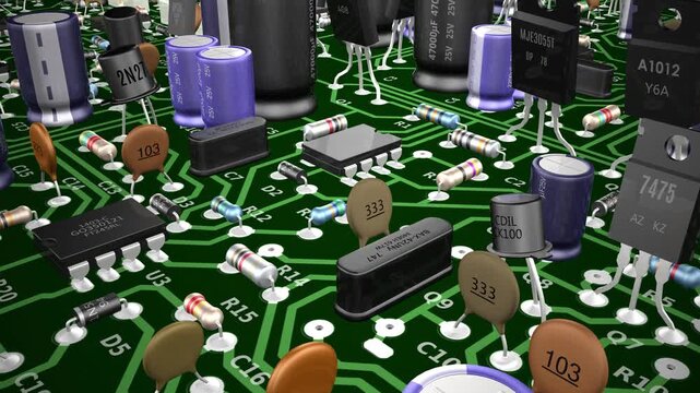 Computer Motherboard - Circuit Elements, Micro Chips - Spinning Loop - Low Angle Close Up View - Realistic 4K 3D animation animation for your computer technology business background compositions