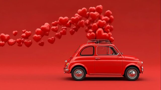 Red vintage car adorned with floating hearts, showcasing a whimsical journey of love, as the camera pans smoothly to capture the enchanting scene progression