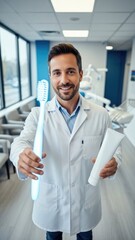 Smiling male dentist in white coat holding large toothbrush and toothpaste in modern dental clinic with bright windows and clean interior, promoting oral hygiene.